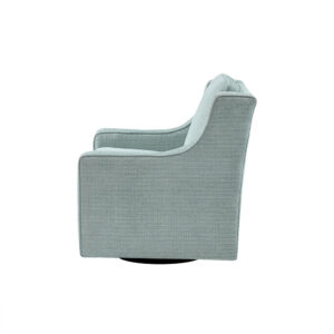 while giving the lounge chair simple and clean line. A high-density foam filling and solid wood frame provide exceptional comfort and support. The swivel feature allows the lounge chair to rotate on its black metal base. Upholstered in dusty aqua abstract chenille fabric