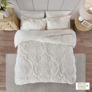 The Madison Park Viola 3 Piece Tufted Cotton Chenille Damask Duvet Cover Set offers the perfect cottage touch to your bedroom décor. A tufted chenille damask design is beautifully displayed on the 100% cotton duvet cover and matching shams