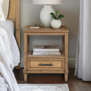 Discover the charm of Martha Stewart's Lily Pond Collection with the Salina Nightstand. This elegant piece features cane paneling and a pewter finish metal handle