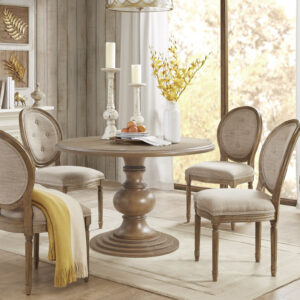 Bring a warm and inviting update to your kitchen with the farmhouse charm of this round dining table. The wood veneer table top features a diamond design with natural wood grain variation to create a unique and more casual design. A turned