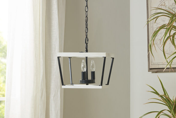 Brighten your home with the illuminating and modern styling of the INK+IVY Adele Farmhouse Metal Pendant. This single pendant imitates a grain of wood frame with black metal accents and 3 lights in the center to create a farmhouse-inspired look. A black ring chain accent hangs 50.5-inches down from the ceiling fixture and adds a unique touch to this ceiling light. Hang this single