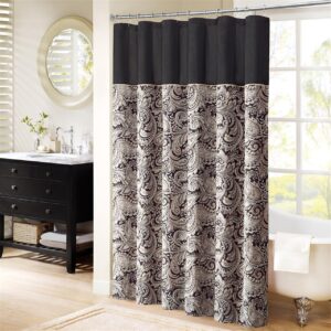 The Madison Park Aubrey Polyester Jacquard Shower Curtain creates a sophisticated modern look in your bathroom. The pieced design flaunts a beautiful woven jacquard in an updated paisley motif with a large solid stripe at the top of the shower curtain. This jacquard shower curtain is machine washable for easy care. Complete the collection and look with coordinate bath towels