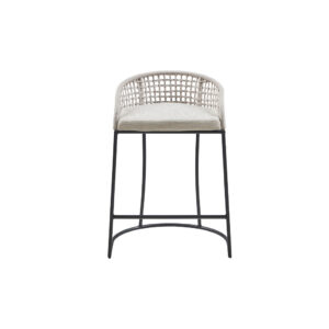 this counter stool features an upholstered cushioned seat with a low woven rope back to create a chic coastal look. The metal base adds a bold contrast to the seat with an iron metal finish. With its simple and textural style