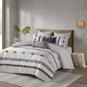 The INK+IVY Cody 3 Piece Cotton Comforter Set brings a smart combination of texture and style to your bedroom. This comforter features a grey and navy striped print on 100% cotton with pompom and trim details for a casual