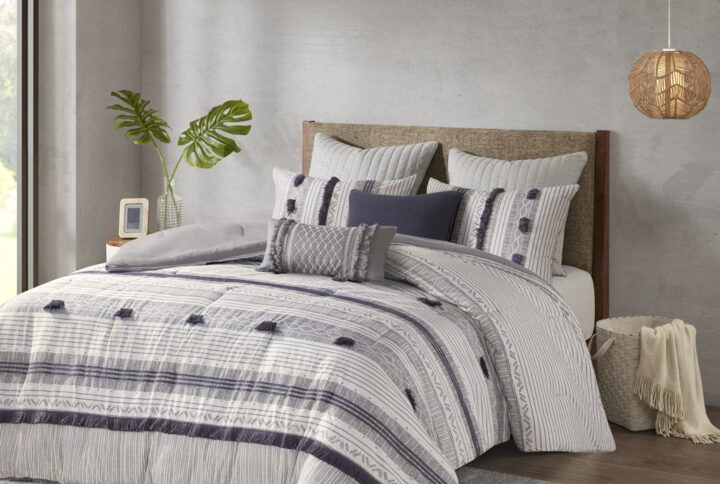 The INK+IVY Cody 3 Piece Cotton Comforter Set brings a smart combination of texture and style to your bedroom. This comforter features a grey and navy striped print on 100% cotton with pompom and trim details for a casual