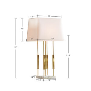 the Martha Stewart Doyer Metal Table Lamp is a reflection of modern artistry. This table lamp features an open marble-like base with five metal posts in a gold finish to create an elegant modern look. The white tapered drum shade coordinates beautifully with the base