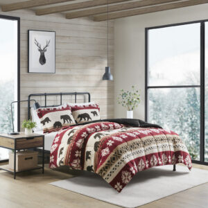 Bring warmth and comfort to your bedroom with the Woolrich Tunbridge Printed Sherpa Comforter Set. Featuring a cabin print including bears