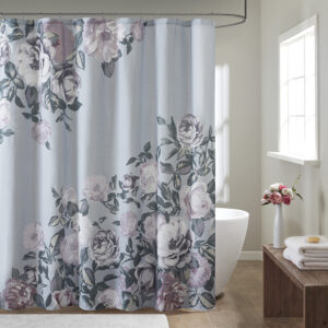 Bring style and life to your bathroom decor with our Madison Park Charisma Cotton Floral Printed Shower Curtain. This shower curtain features a beautiful engineered floral design in feminine purple/mauve/green tones on a grey contrast ground