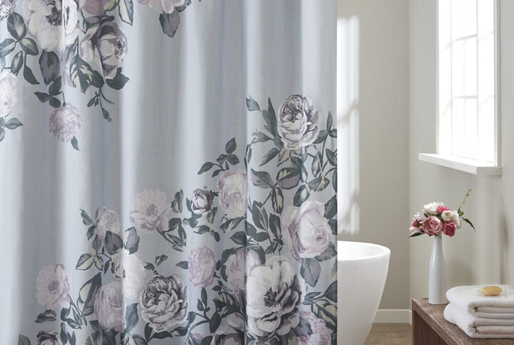 Bring style and life to your bathroom decor with our Madison Park Charisma Cotton Floral Printed Shower Curtain. This shower curtain features a beautiful engineered floral design in feminine purple/mauve/green tones on a grey contrast ground