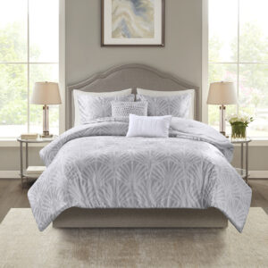 Give your bedroom a luxurious update with the Beautyrest Kiona 5 Piece Crushed Velvet Comforter Set. The oversized silver crushed velvet comforter set features an art deco pattern for an elegant bedroom style. Embroidered abstract patterns in the square pillow and oblong pillow add the finishing touches to complete the look. Machine washable for easy care