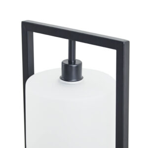 this table lamp features a single bulb down light in a rectangular open frame with a round base in a black finish. A frosted glass drum shade highlights the industrial look and the black power cord completes the metal table lamp. One Type A light bulb is needed and included.