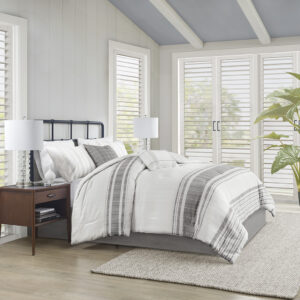 Introduce an upscale cottage charm to your bedroom with the Harbor House Morgan 6 Piece Cotton Comforter Set. This 100% cotton jacquard comforter features textured vertical woven stripes with contrasting horizontal blue stripes on ivory ground