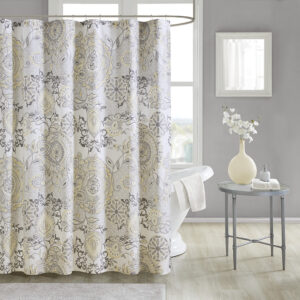 Refresh your bathroom with our Madison Park Isla shower curtain. This printed shower curtain flaunts a beautiful floral and medallion motif in soft yellow and black watercolor hues. While the 100% cotton percale base adds natural appeal for an organic touch to any decor. Machine washable for easy care