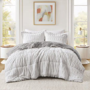 Sleep in the pure softness and comfort of the Madison Park Gia Back Print Long Fur Comforter Mini Set. The ultra-soft grey comforter flaunts a stylish brushed faux fur on the face that flips to a soft faux mink reverse