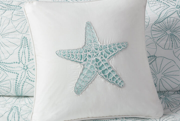 Bring the ocean into your home with the Harbor House Maya Bay Collection. This 100% cotton square pillow features a white ground and embroidery on the face creating a seashell that pops off the pillow and is the perfect addition to the Maya Bay bedding set that is sold separately. This item is also OEKO-TEX certified