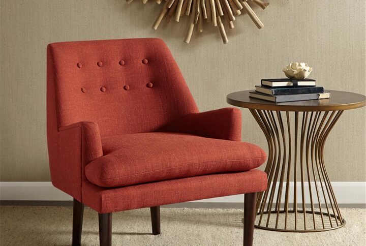 A modern update is this Madison Park Taylor mid-century club chair with its smooth silhouette and inviting shape; the persimmon coloring makes for the perfect color coordination to any room. Leg assembly required.