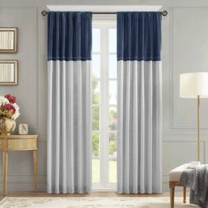 This luxurious curtain features dual-sided hanging options with rod pockets on the top and bottom. The fabrication on one side is a rich velvet fabric with a sophisticated cattail pattern embroidery stitch at the edge. On the other side