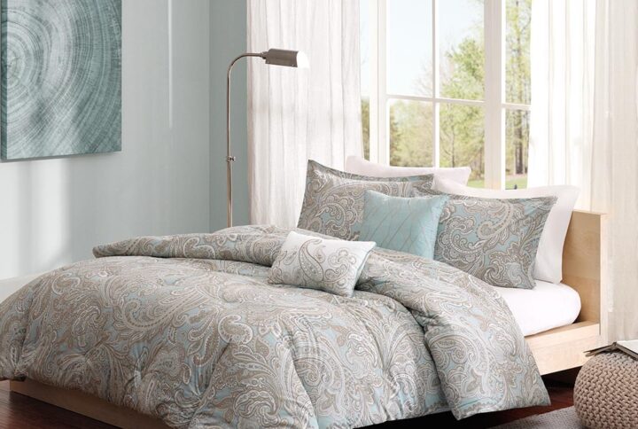 The Madison Park Pure Ronan Collection creates an organic look and feel to your space. The soft blue is the perfect base for this updated paisley design