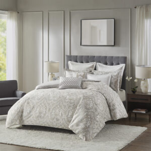 Introduce a luxurious allure to your bedroom with the Madison Park Signature Manor King 9 Piece Comforter Set. The comforter flaunts a shiny metallic damask jacquard weave