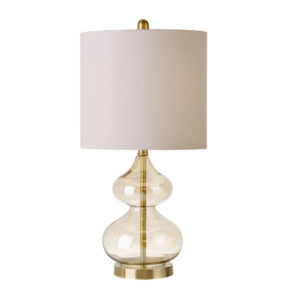 Set of 2 provides a tasteful and charming touch to any space. The elegant curves of the gold glass base are complemented by a white drum-shaped shade