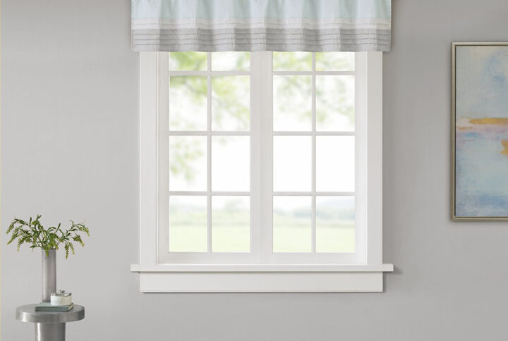 Amherst's modern color block design is a simple way to add style to any room. This window valance features color block stripes in soft hues of aqua