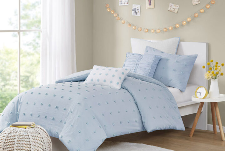 The Urban Habitat Brooklyn Cotton Jacquard Comforter Set features small tufted chenille dots that create a fresh shabby chic look. This comforter set brings a soft and charming update to your bedroom