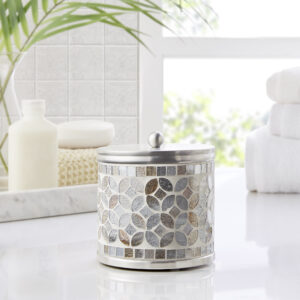 This timeless mosaic collection showcases hand-crafteded mosaic accessories to elevate your bathroom. The combination of champagne gold and silver stained glass in a floral motif reflects light beautifully and can be a luxurious centerpiece for bathroom decor. _x000D_