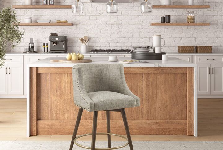 Elevate your dining space with the Madison Park Mateo Swivel Counter Stool. This swivel counter stool is upholstered in a beige tweed fabric and features a low back