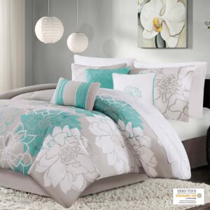 The Madison Park Lola Comforter Set transforms your bedroom into a beautiful and graceful space. A gorgeous floral print in a soft white and aqua hue pops against the solid taupe grey ground cotton sateen comforter and shams (1 for Twin/Twin XL Sizes) for a stunning transitional look. Three decorative pillows with embroidered details and fabric manipulation add texture and dimension to the bed