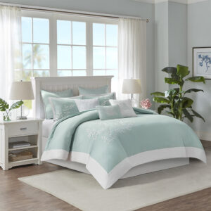 Bring a bit of sea side inspiration into your home with this beautiful bedding collection. The Harbor House Coastline collection features an intricate white coral motif embroidered on an aqua background finished with a pieced white border. Made of 100% cotton jacquard