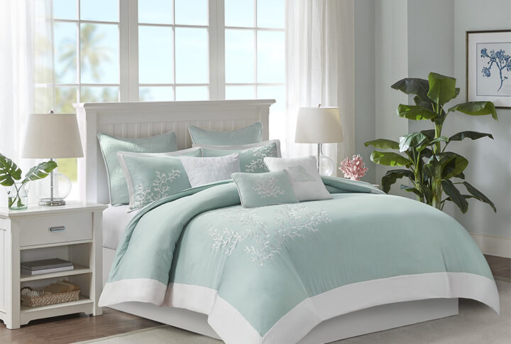 Bring a bit of sea side inspiration into your home with this beautiful bedding collection. The Harbor House Coastline collection features an intricate white coral motif embroidered on an aqua background finished with a pieced white border. Made of 100% cotton jacquard