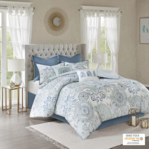 Refresh your bedroom with the Madison Park Isla 8 Piece Cotton Printed Reversible Comforter Set. The 100% cotton comforter and shams flaunt a botanical floral design with a medallion motif printed in soft watercolor hues. A printed pattern on the reverse complements the top of the bed. Two solid Euro shams and a solid bed skirt add a rich touch of color to the bedding set