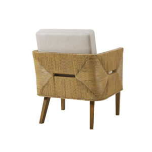 this lounge chair features natural woven rattan arms and back with cutout designs to create a clean and casual look. The removable back and seat cushions are upholstered in a soft linen fabric that adds a warm and comfortable touch to the transitional design. With legs crafted from quality solid wood