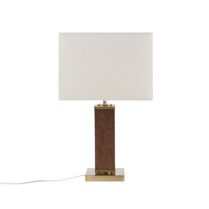 the Hawley Faux Leather Table Lamp brings a touch of sophistication to your living space. Its elegant brown faux leather body sits gracefully on a gold metal base