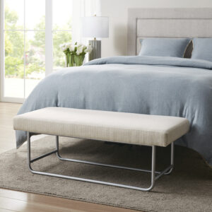 Elevate your home decor with the modern elegance of the Martha Stewart Eve Bench. This accent bench is upholstered in a rich ivory fabric and features a silver metal base to create a beautiful contemporary look. Flaunting an elegant and clean design