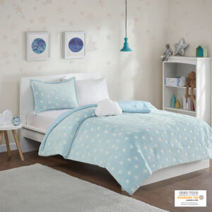 Sleep under the stars with the Mi Zone Kids Quinny Glow in the Dark Plush Comforter Set. The plush aqua comforter and shams (1 in Twin/TwinXL) feature glow-in-the-dark stars to create a whimsical look that bathes your kid’s room in starlight. A cloud-shaped decorative pillow is also included to complete the incredibly soft glow-in-the-dark bedding set. Soft and cozy