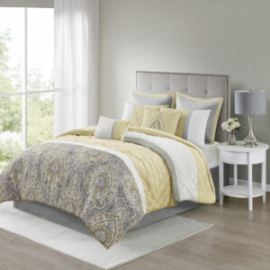 Update your bedroom with the refined elegance of 510 Design’s Shawnee 8 Piece Comforter Set. Showcasing a pieced design with diamond quilting details