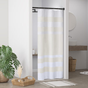 this shower curtain is made of a light heathered colored fabric pieced with a white waffle weave base creating a beautiful texture for the perfect spa touch to your decor. A temporary 3M Scotchgard water repellent treatment keeps your curtain looking newer