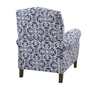 the Madison Park Kirby Push Back Recliner makes a stunning statement in any room. This recliner chair features a high camel back and rolled arms in a patterned navy upholstery with an elegant fretwork print