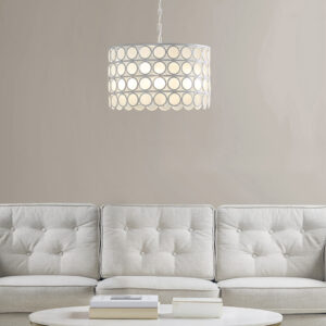 this chandelier features a drum-shaped shade with white circle designs to create a unique mid-century look. The matching ceiling mount and chain complement the vintage design