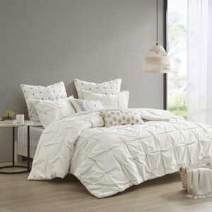 Elevate your bedroom with the INK+IVY Masie 3 Piece Elastic Embroidered Cotton Comforter Set. This solid cotton comforter features elastic and embroidered details on the face to create a tufted-inspired design with a modern flair. Hidden bartacking in the comforter secures the filling and creates a clean duvet-like finish. The 2 matching shams handsomely pair with the cotton comforter to complete this modern and sophisticated comforter set. This cotton bedding set uses an antimicrobial treatment that provides built-in freshness protection