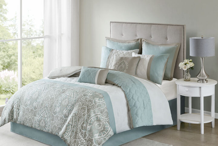 Update your bedroom with the refined elegance of 510 Design’s Shawnee 8 Piece Comforter Set. Showcasing a pieced design with diamond quilting details