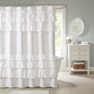 The Madison Park Grace shower curtain provides the perfect shabby chic update in your space. The solid light white fabric features overscale ruffles at the top and bottom of the curtain