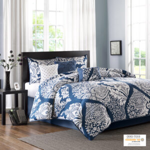 The Madison Park Vienna 7 Piece Cotton Printed Comforter Set offers an eye-catching update to your bedroom decor. A beautifully intricate damask pattern is flaunted across the comforter and shams