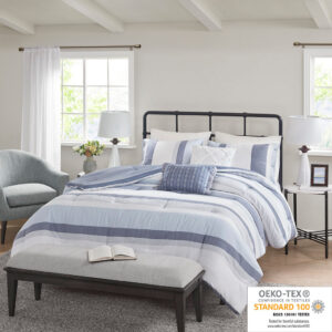 Refresh your bedroom with the casual charm of Madison Park’s Allegany 5 Piece Jacquard Comforter Set. The jacquard comforter features a striped design