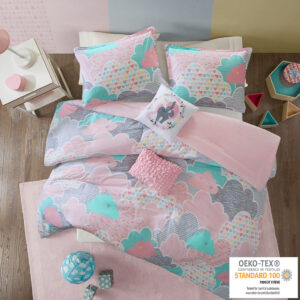 Drift off to dreamland with the whimsical charm of the Urban Habitat Kids Cloud Cotton Printed Comforter Set. The comforter and shams (1 for Twin Sizes) showcase a cute and fluffy cloud motif in a soft colorful palette with a solid reverse. An oblong decorative pillow features all-over ruching and the square pillow features an embroidered unicorn. Made from 100% pre-shrunk cotton