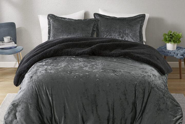 The luxurious Intelligent Design Mira velvet comforter set features a soft and cozy sherpa reverse that lets you snuggle up in style and comfort. The crushed velvet fabric will make your bedroom look and feel like a dream