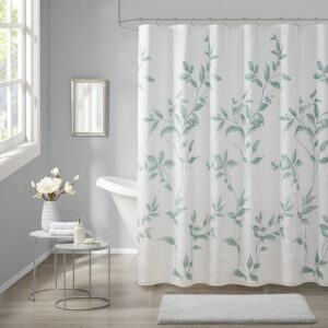 Transform your bathroom with the beauty of Madison Park’s Cecily Printed Shower Curtain. The gorgeous shower curtain flaunts a stunning allover seafoam botanical design with burnout detailing for beautiful contrast and dimension. Non-absorbent water coat will help to bead water on fabric and glide down which provides quick dry and keeps fabric looking tidy