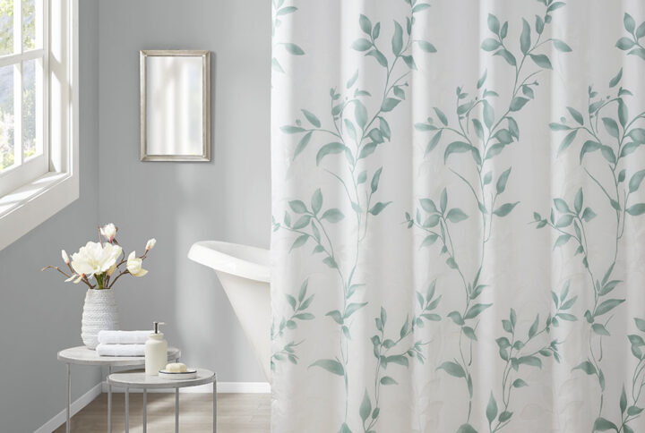 Transform your bathroom with the beauty of Madison Park’s Cecily Printed Shower Curtain. The gorgeous shower curtain flaunts a stunning allover seafoam botanical design with burnout detailing for beautiful contrast and dimension. Non-absorbent water coat will help to bead water on fabric and glide down which provides quick dry and keeps fabric looking tidy