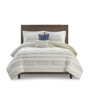 the Madison Park Fraser comforter set brings a Southwest inspired touch to your bed. A diamond print in soft blue and taupe colors adorns the light beige face